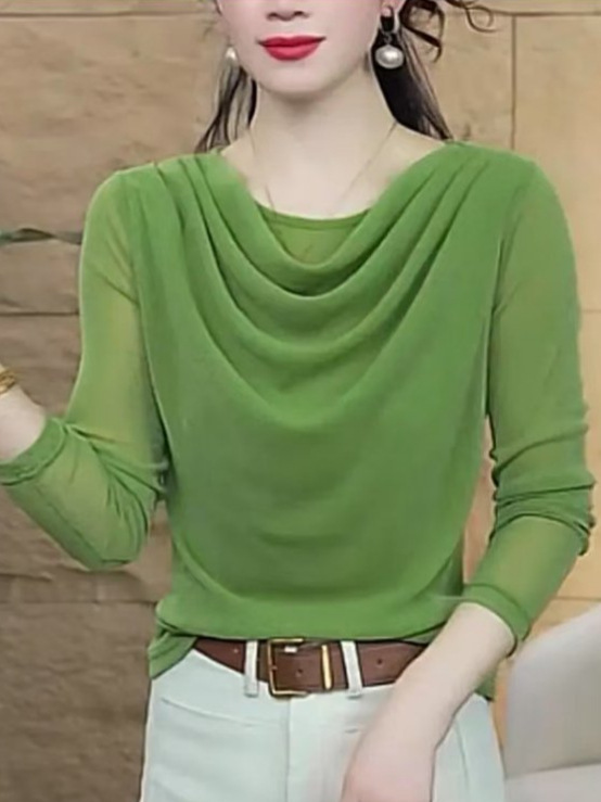 一件代发2025秋季新款堆堆领长袖t恤女弹力网纱打底衫妈妈装上衣|undefined