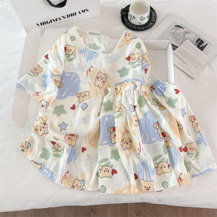 Venta al por mayor transfronteriza de pijamas vietnamitas verano femenino dibujos animados coreanos dulce y lindo estudiante estampado cuello redondo nube algodón estilo ins