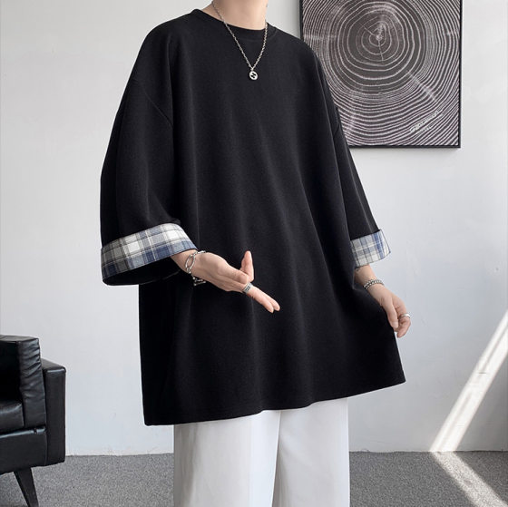 Trendy Brand 7-Sleeve T-Shirt Men's Summer Plaid Stitching Design Sense Small Nearline Short-Sleeve Trendy All-Match 7-Sleeve T-Shirt