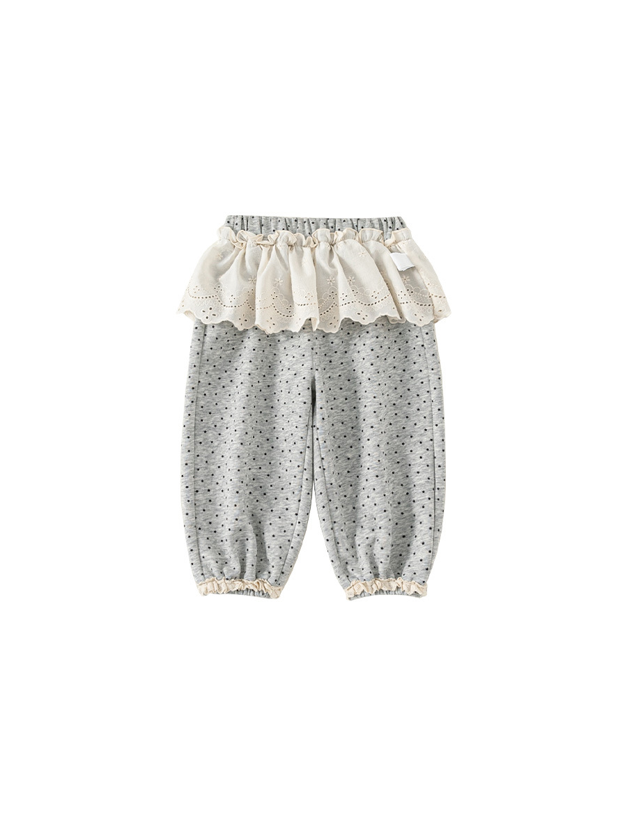 Ropa para niños Youbao, pantalones para niñas, estilo nuevo de primavera y otoño, pantalones deportivos de lunares de color liso para niñas pequeñas con ribete de encaje en la cintura y puños antimosquitos.
