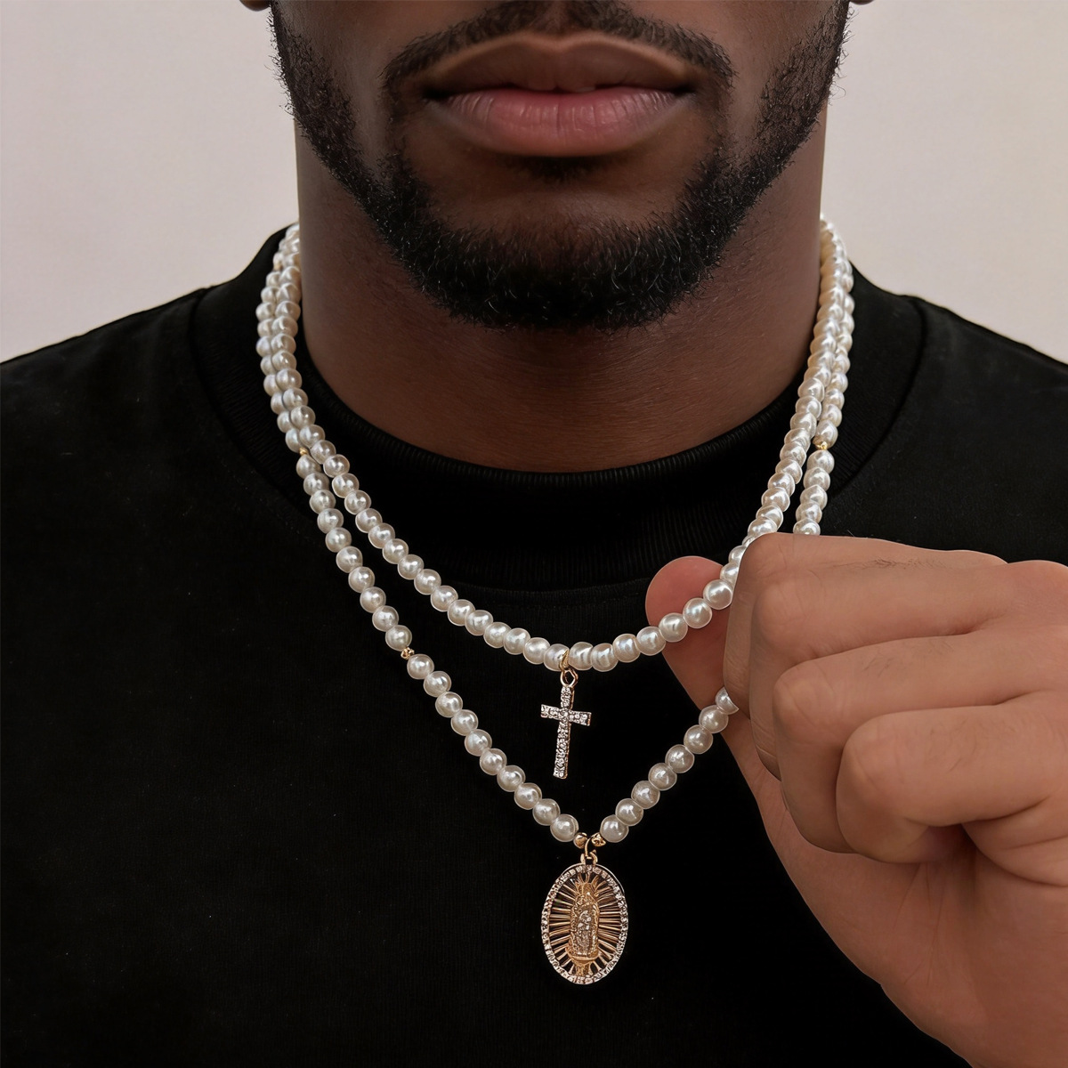 fashionable universal golden necklace stainless steel pearl