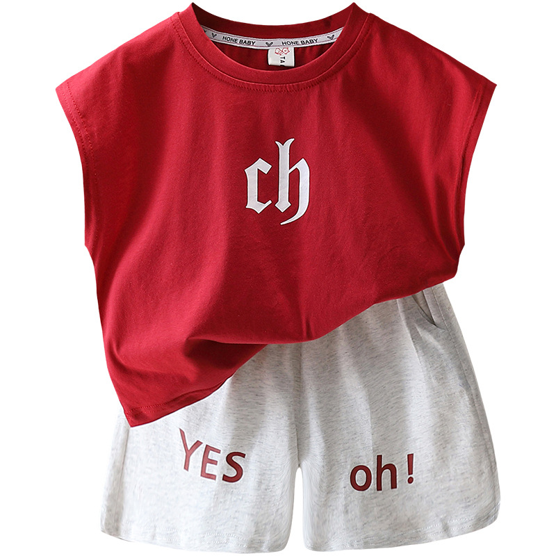 7431 Traje de verano para niños 2025 Nuevo chaleco rojo sin mangas casual para niños Vestido de verano de dos piezas de verano