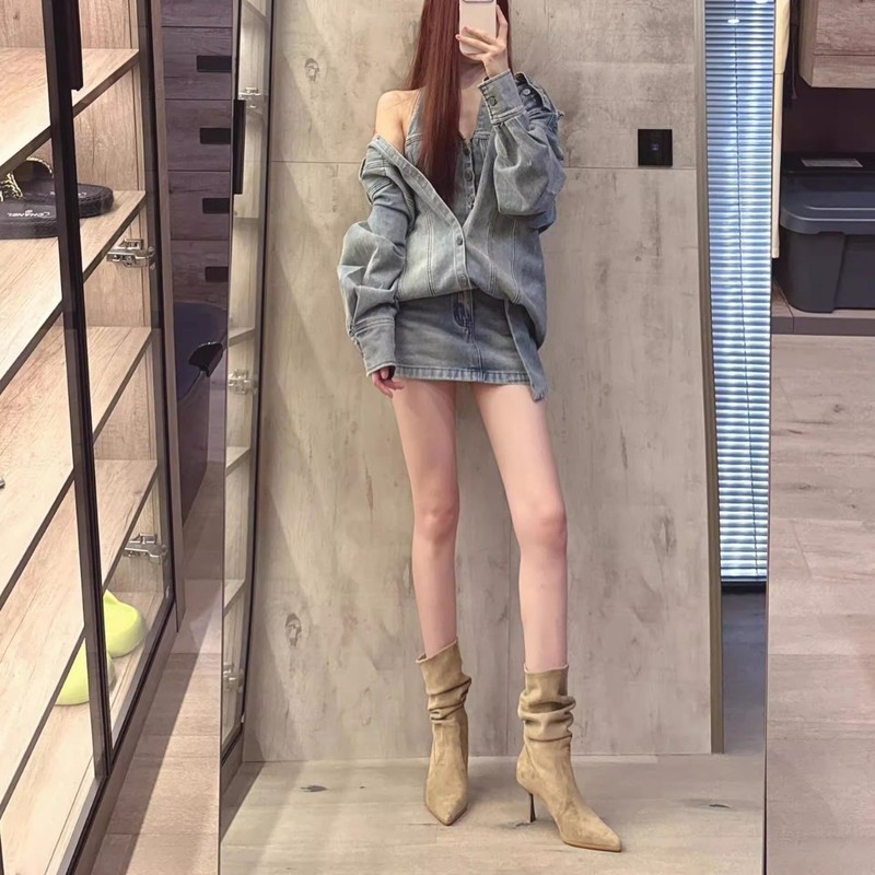 美拉德靴子女细高跟2025新款卡其色尖头褶皱显瘦中筒堆堆靴|undefined