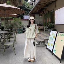 实拍2025夏季女式日系森系棉麻格子松弛感短袖衬衫+拼接阔腿裤女