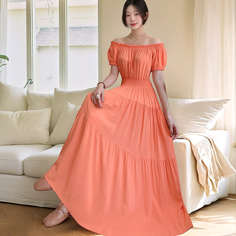 Cross-border cotton silk clear color off-shoulder dress Southeast Asian elastic waist beach skirt Bohemian long skirt