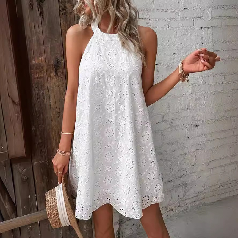 2023 European and American Cross-Border Export Summer New Women's Lace Pure Color Sleeveless Button Halter Amazon Dress