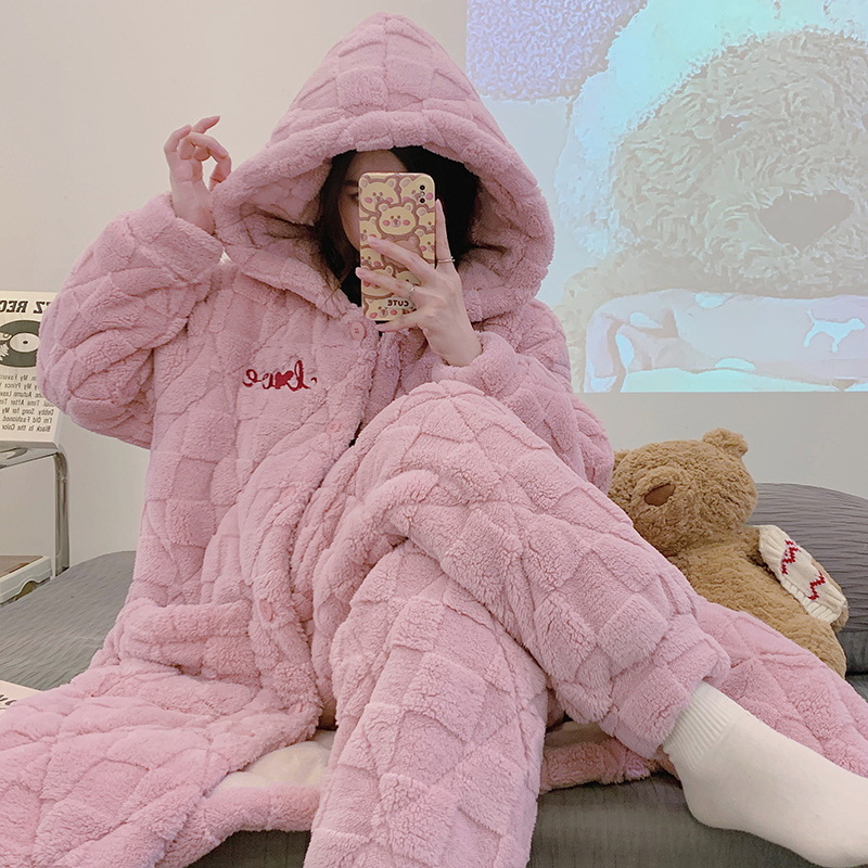 Pijamas de invierno de las mujeres acolchadas de tres capas engrosada caliente Chaqueta de algodón acolchado bolsillo lindo dulce ropa de abrigo homewear camisón