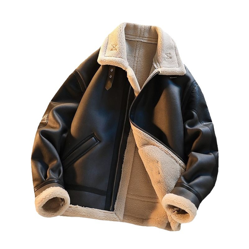 Abrigo de piel de los hombres de invierno forrado de lana engrosada ropa de motocicleta marca de moda chaqueta de terciopelo Chaqueta de algodón acolchado abrigo de cuero de cordero