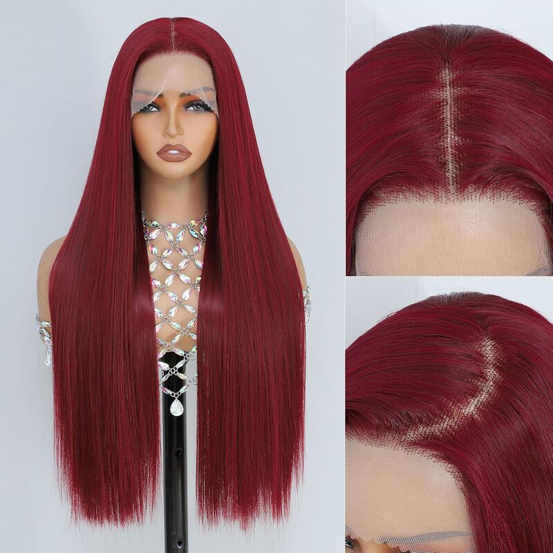 European and American Women's Wigs, Lace Burgundy Color, Middle-Parted Long Straight Hair, Foreign Trade Synthetic Fiber Wig Manufacturer, Front Lace Wig