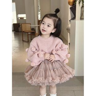 tuttu裙公主風裙女童蓬蓬裙奶茶色秋冬毛球針織上衣套頭毛衣套裝