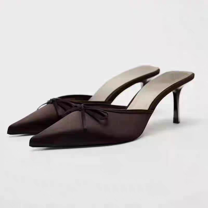High-Looking Autumn New Brown Pointed-Toe Satin Bow-Decorated High-Heeled Mules, Fashionable Shallow Half-Slip Sandals