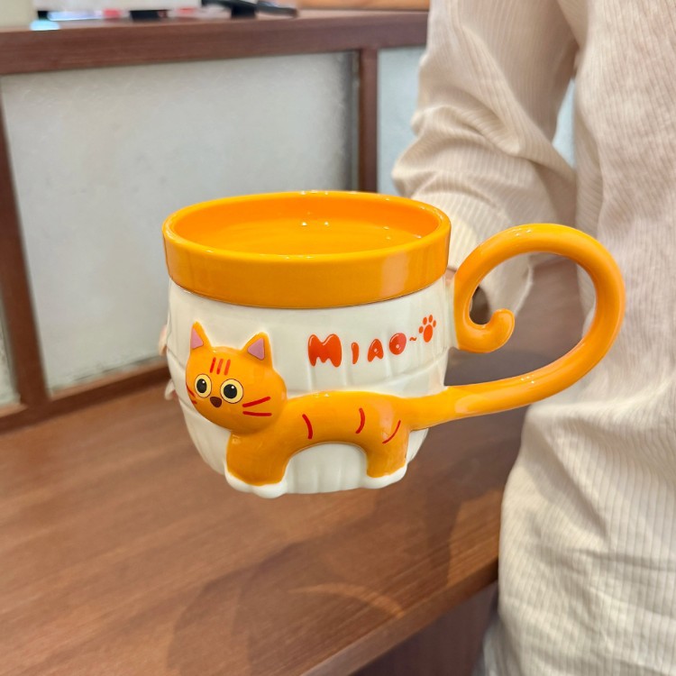 뚜껑 포함 입체 고양이 도자기 머그컵 360ml