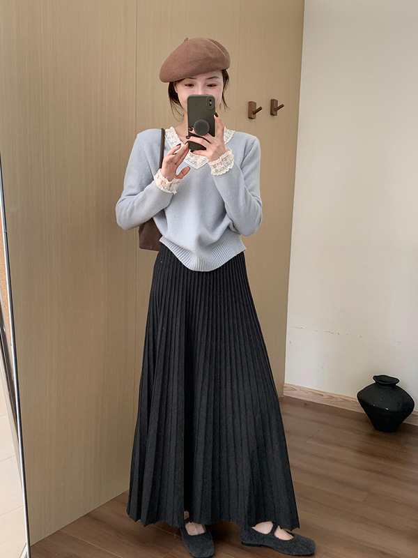 高腰显瘦加厚针织百褶半身裙2025冬季新款韩版百搭休闲淑女风伞裙|undefined