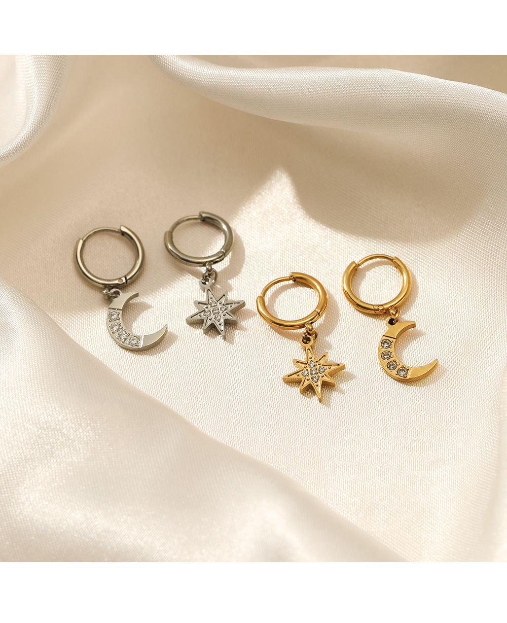 4g Weight Vacuum Plating Gold Plating Process 304 Stainless Steel Ear Needle Material Rhinestones Inlay Material 1 Pair Fashion Star Moon Plating 304 Stainless Steel Rhinestones Stainless Steel Earrings