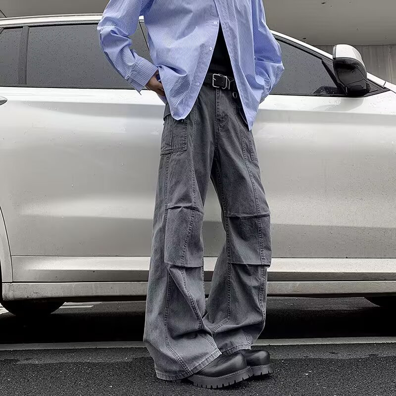 American Style Vintage Washed Pleated Micro-horn Tooling Jeans Trendy Brand Design Sense Loose Casual Pants for Men and Women