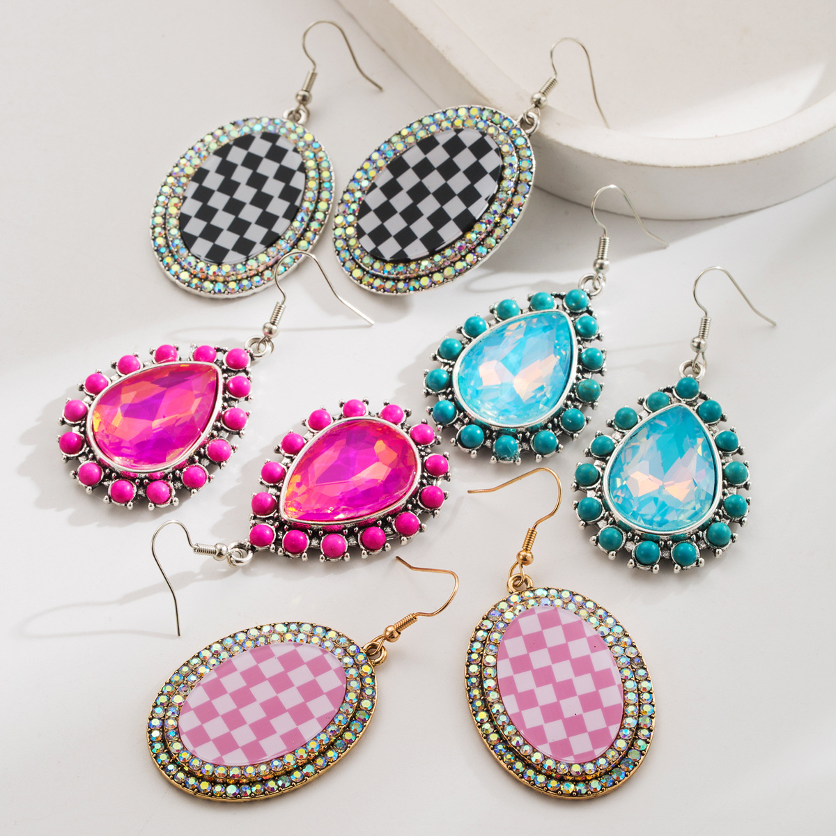 Cross-Border New Diamond-Encrusted Water Drop Plaid Pendant Turquoise Earrings Women's Personalized Retro High-Quality Party Earrings