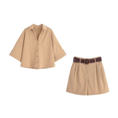 Amazon 卸売夏の新しいラペル半袖シャツベルト付きルーズプリーツショーツスーツ女性のための 8372226