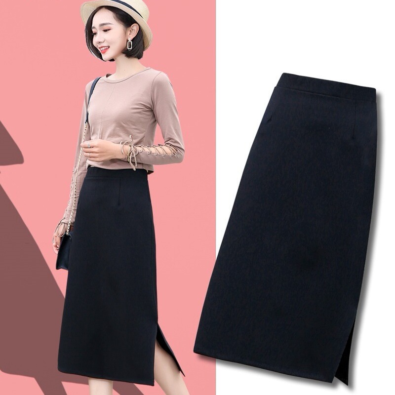 (High Quality) Summer Thin Style with Side Slits and Drapey A-Line Design, Elastic Waist, Mid-Length Casual Skirt in Black (High Quality) Summer Thin Style with Side Slits and Drapey A-Line Design, Elastic Waist, Mid-Length Casual Skirt in Black