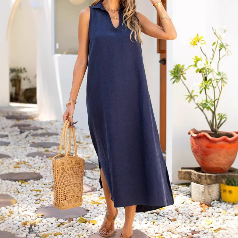 Spring and Summer 2025 New Deep V-neck Sleeveless Long Cotton and Linen dress Cross-border Sleeveless Loose Women's dress