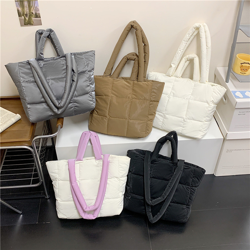 New down Tote Bag for Women, Large-Capacity Cloud Bag, Nylon Cloth Bag, Korean Cotton Bag, Plaid Satchel Shoulder Bag New down Tote Bag for Women, Large-Capacity Cloud Bag, Nylon Cloth Bag, Korean Cotton Bag, Plaid Satchel Shoulder Bag