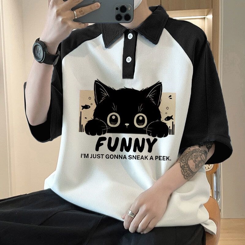 Two-tone waffle knit short-sleeve men's polo shirt, summer Korean style trendy fashion t-shirt, loose casual turn-down collar top for men Two-tone waffle knit short-sleeve men's polo shirt, summer Korean style trendy fashion t-shirt, loose casual turn-down collar top for men