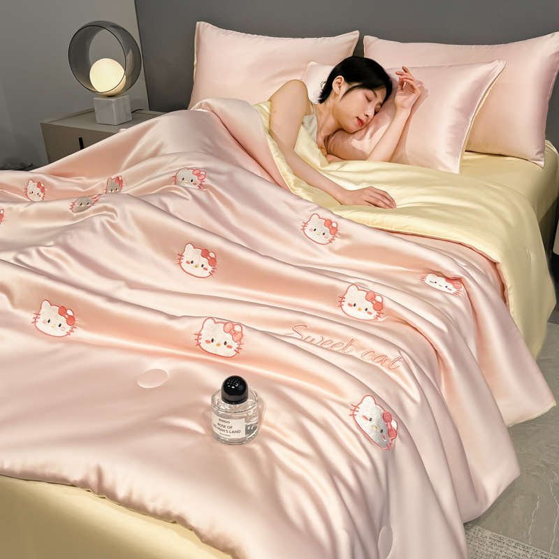 Seda de hielo lavada Edredón de verano Edredón de aire acondicionado Dormitorio individual Edredón fresco de verano Juego de cuatro piezas Edredón de verano lavable a máquina