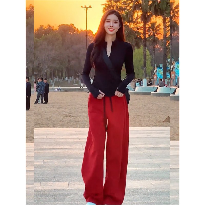 深圳南油2025秋装超火一整套女长袖黑色上衣阔腿裤休闲运动两件套|undefined
