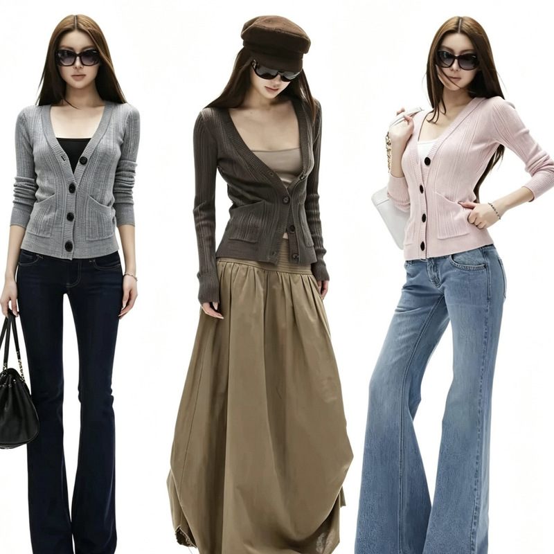 iamxiaa* Wool-blend vertical stripe patterned knitted V-neck vintage buttoned double-pocket slim-fit cardigan available in three colors iamxiaa* Wool-blend vertical stripe patterned knitted V-neck vintage buttoned double-pocket slim-fit cardigan available in three colors