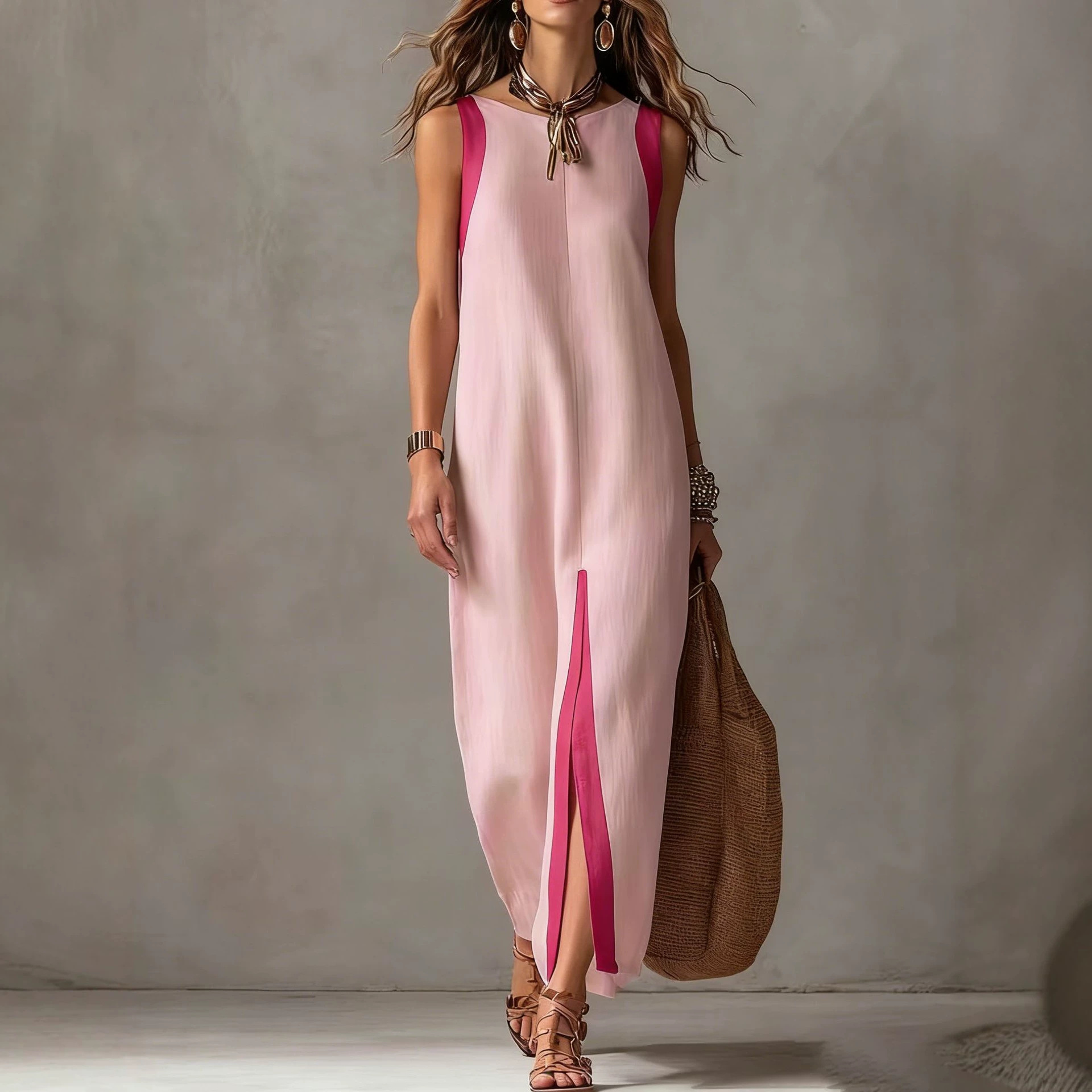 Amazon 2026 Cross-Border European and American Summer New Style Women's Casual Elegant Sleeveless Color-Block Split Dress