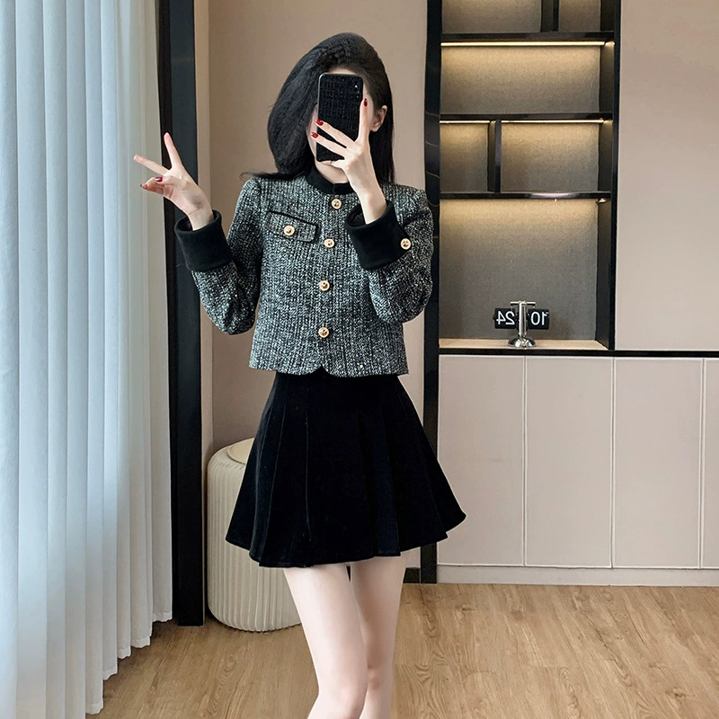 На самом деле спот осенью и зимой мода сшивание небольшой ароматный ветер куртка бархатная плиссированная юбка темперамент набор из двух частей