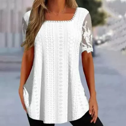 Новая летняя футболка 2024 года с коротким рукавом, женская, в европейском и американском стиле, свободная, повседневная, с кружевом, вязаная, с U-образным вырезом, модная