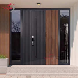 铸铝别墅大门双开门玻璃木纹入户进户农村自建房子母防盗对开