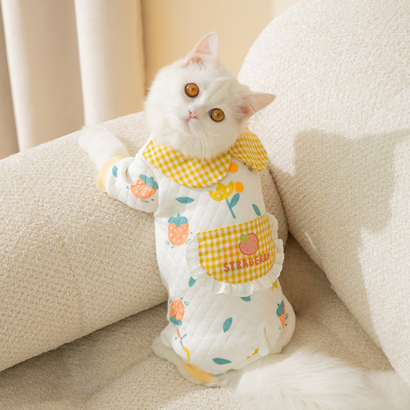 Gato Otoño e Invierno de algodón de dibujos animados impreso de cuatro patas bolsa de ropa del vientre ropa de protección del vientre caliente perro bolsa de ropa para mascotas