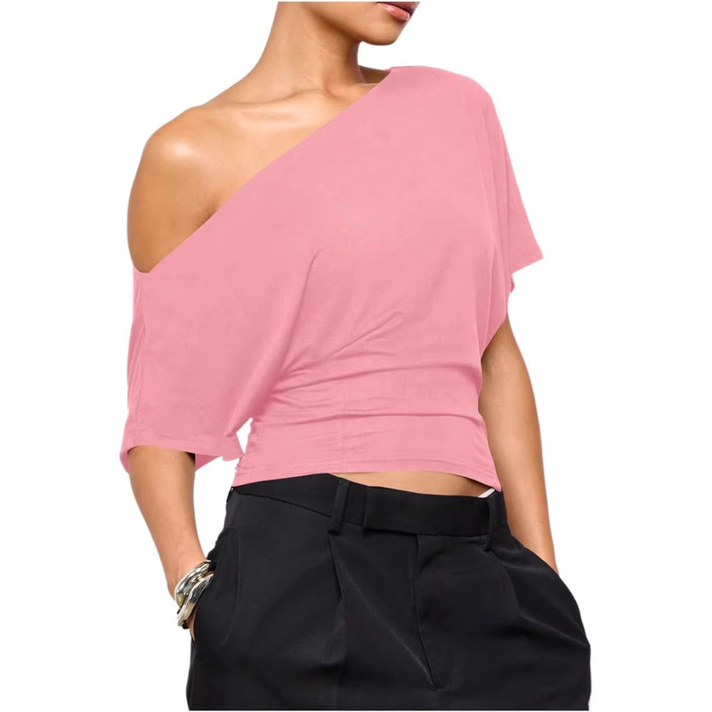 2026 Amazon European and American Women's Off-Shoulder Tops Loose T-Shirts Short-Sleeved T-Shirts Summer Casual Spring Fashion Clothing