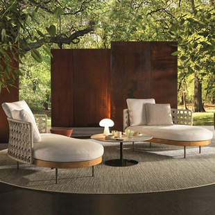 Outdoor Rattan Courtyard Teak Sofa Garden Curved Round Single Balcony Solid Wood Model Room Open-Air Villa Furniture