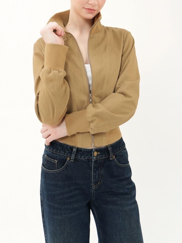 复古100棉短款水洗卡其色罗纹夹克外套|undefined