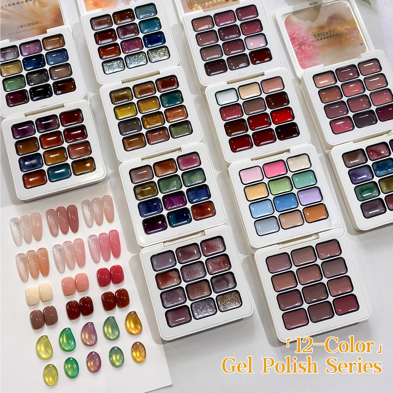 12-Piece Set of High-Density Magnetic Gel Nail Polish with Sparkling Glass Bead Effect