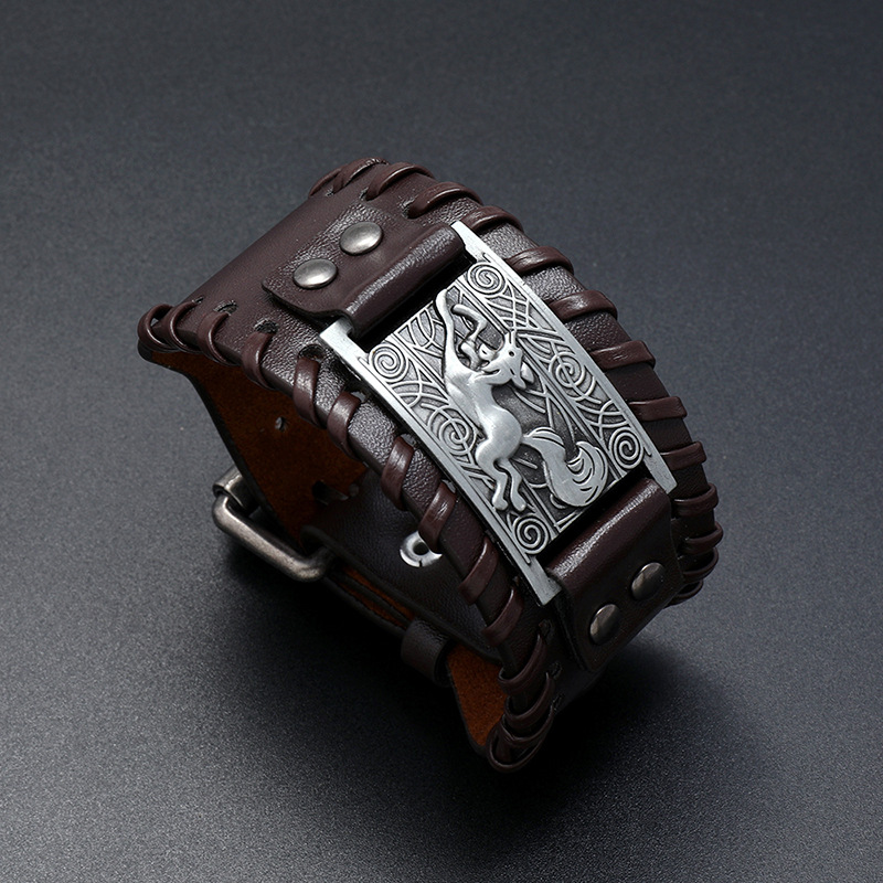 Simple retro Viking fox totem woven leather bracelet