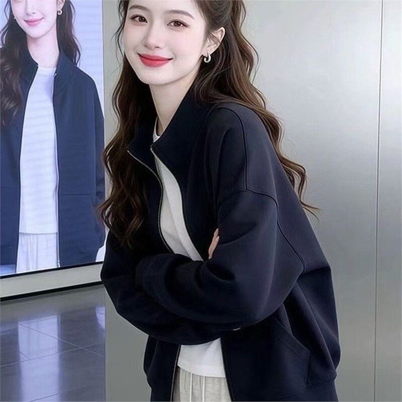 Popular 2026 Spring and Autumn Women's Stand Collar Sweatshirt, Long Sleeve Solid Color Versatile Slimming Cardigan Popular 2026 Spring and Autumn Women's Stand Collar Sweatshirt, Long Sleeve Solid Color Versatile Slimming Cardigan