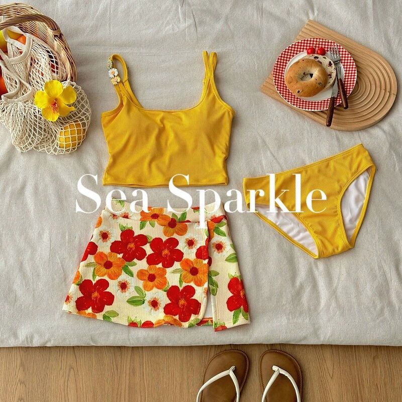 [Sea Sparkle] Retro Oil Painting Ins Vacation Split Beach Swimsuit Pure Desire Suspender Bright Color Hot Spring