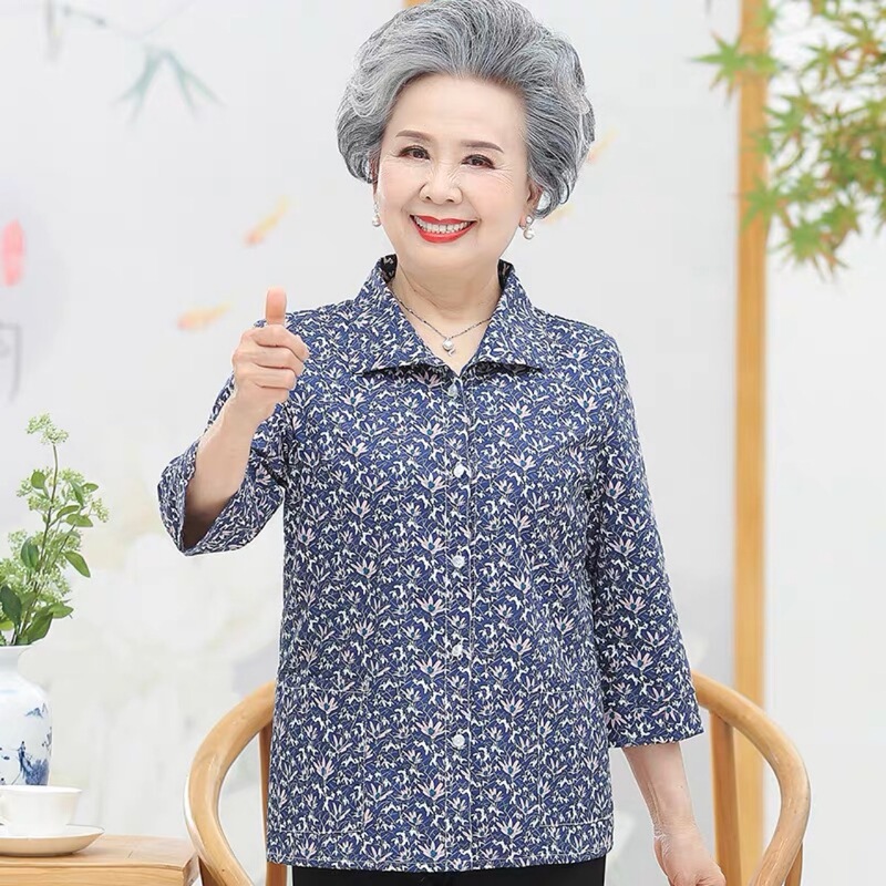 Grandma Summer Thin Shirt Middle-aged and Elderly Women's Shirt Spring and Summer Clothes Mother's Seven-point Sleeve Suit