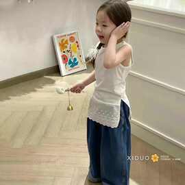 女童夏季拼接蕾丝花边背心2026新品宝宝甜美设计感开叉无袖上衣T