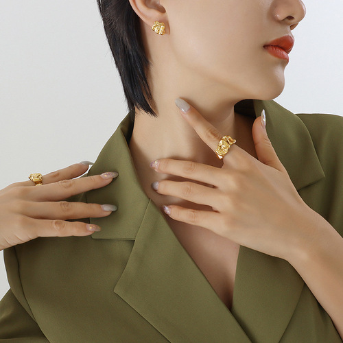 Women's Retro Style Personality Korean Design Embossed Unique Ring Earrings Set