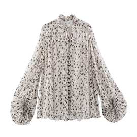 TAOP&ZA夏新款女装优雅气质时尚泡泡袖单排扣印花衬衫上衣3562571