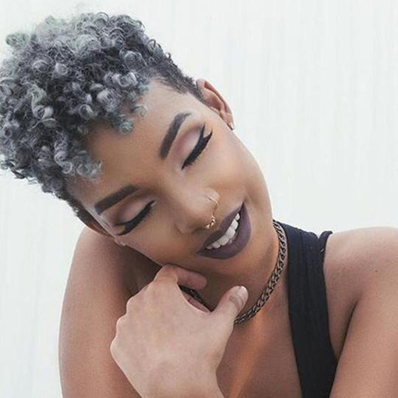 Cross-border black women's salt-and-pepper color short pixie curly wig, black-grey gradient African short curly hair wholesale Cross-border black women's salt-and-pepper color short pixie curly wig, black-grey gradient African short curly hair wholesale