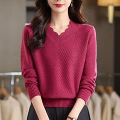 韩系春秋新款波浪边毛衣女温柔风套头显瘦针织打底衫甜美外搭上衣