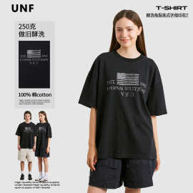 UNF 春夏新款250克潮牌复古酵洗龟裂脱落字母印花T恤圆领宽松上衣