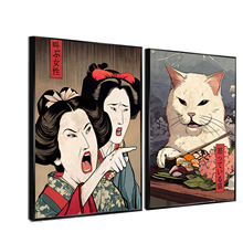 搞笑可爱有趣的日本猫墙艺术海报女人和猫海报帆布画墙画壁画画芯