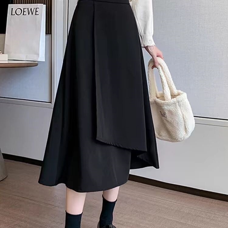 Plus-Size Women's Black Spring and Autumn New Irregular High-Waisted Slimming A-Line Midi Skirt Plus-Size Women's Black Spring and Autumn New Irregular High-Waisted Slimming A-Line Midi Skirt
