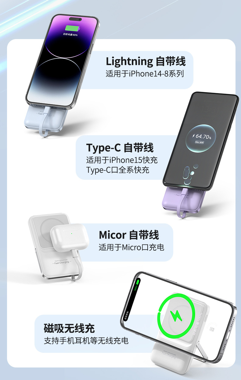 22.5W Süper Hızlı Şarj Manyetik Emici Kablosuz Şarj Cihazı 10000mAh Dahili Kablolu Taşınabilir Yüksek Kapasiteli Powerbank